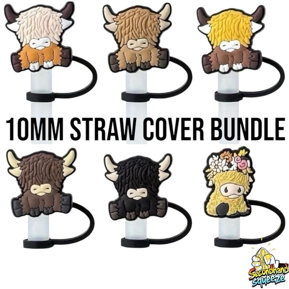 6pc Highland Cow Straw Topper Covers - Picture 1 of 4